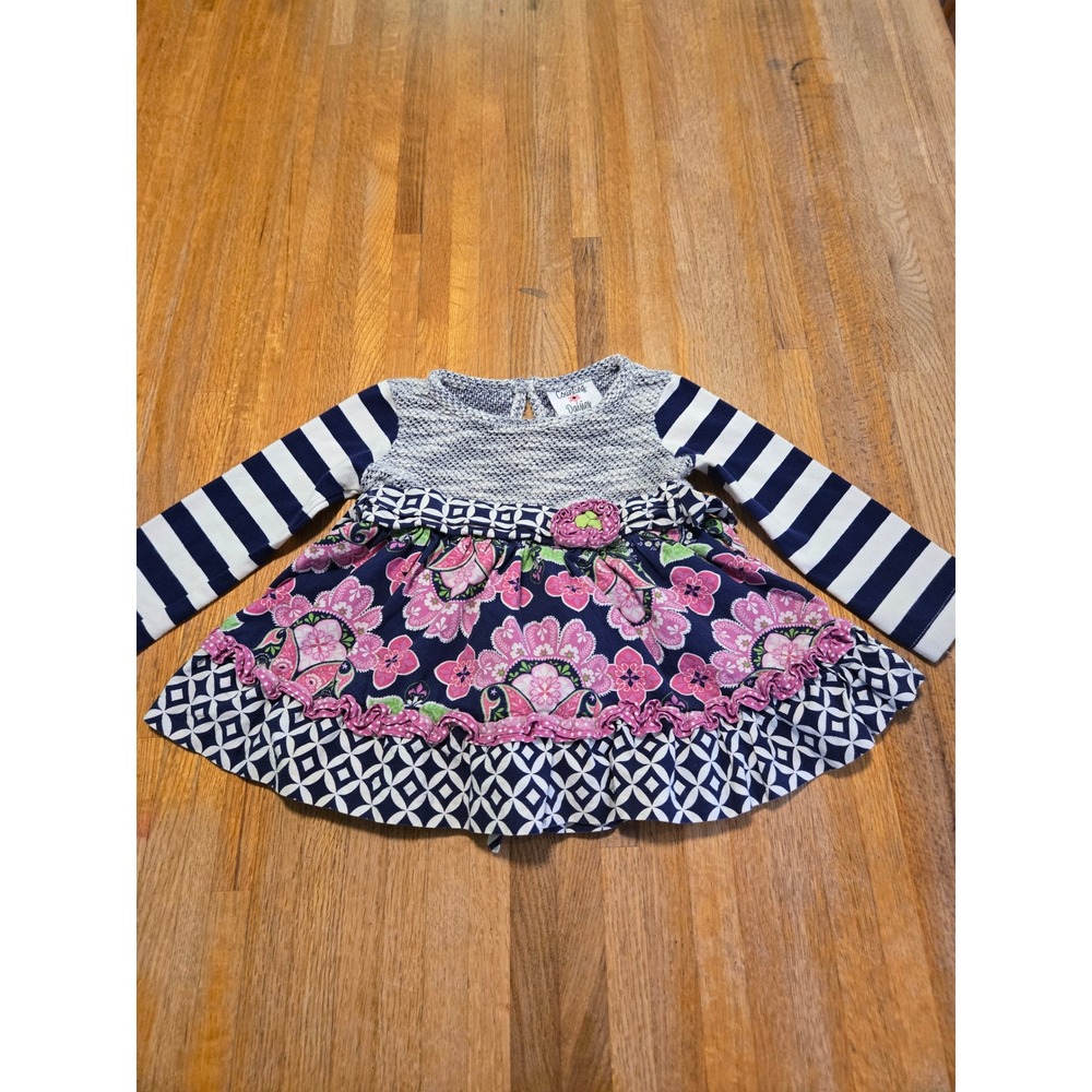 Counting Daisies Girl 18M Navy Pink Mixed Media Floral Paisley Striped Dress
